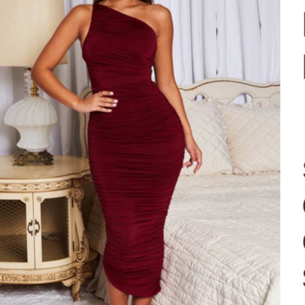 Oh Polly Maroon One-Shoulder Ruched Midaxi Dress